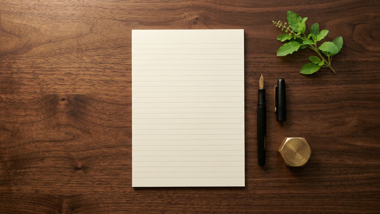 A blank ruled paper sheet, a closed fountain pen, a brass paperweight and a sprig of tulsi on a dark walnut desk — affidavit generator hero