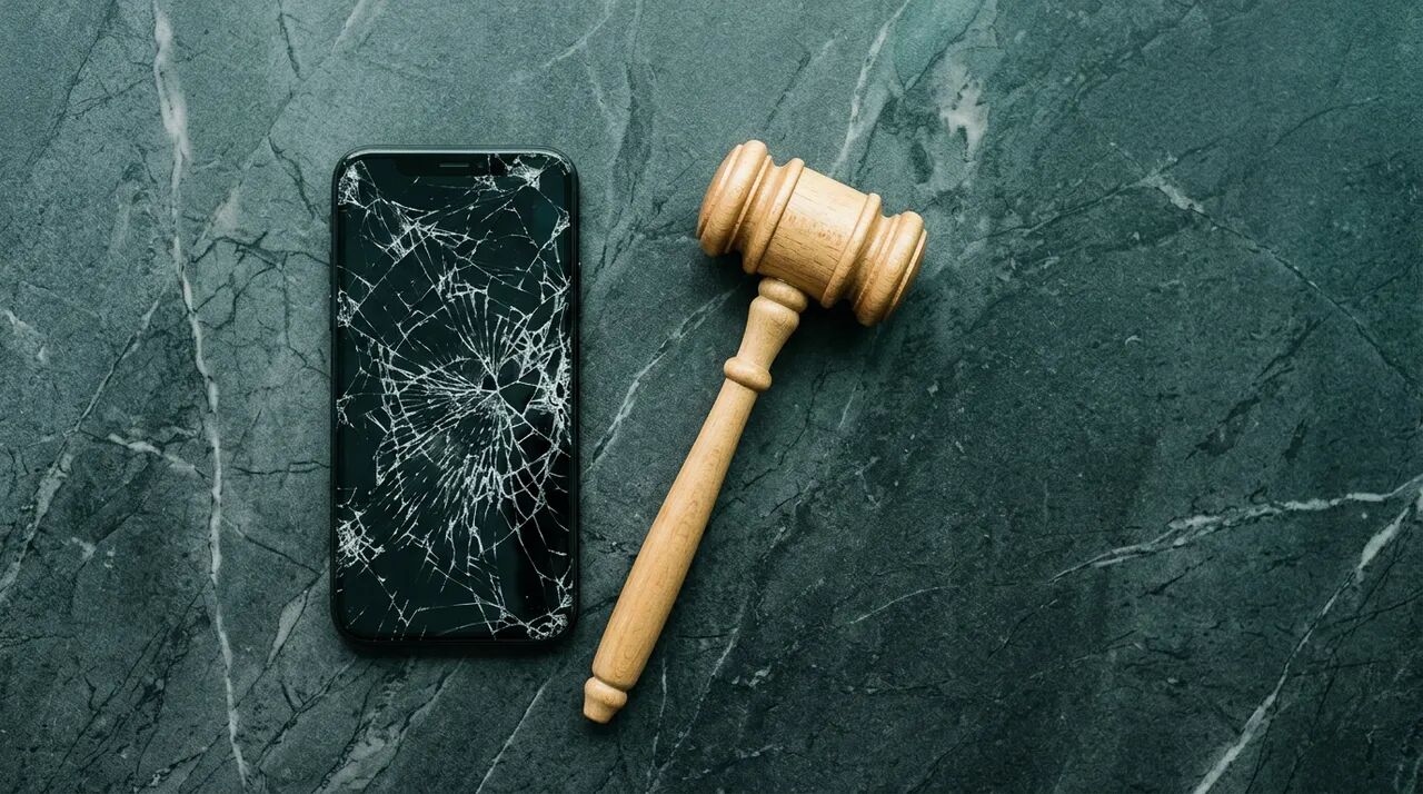 Consumer rights — a damaged smartphone next to a wooden gavel on a marble surface, evoking consumer protection and fair redressal