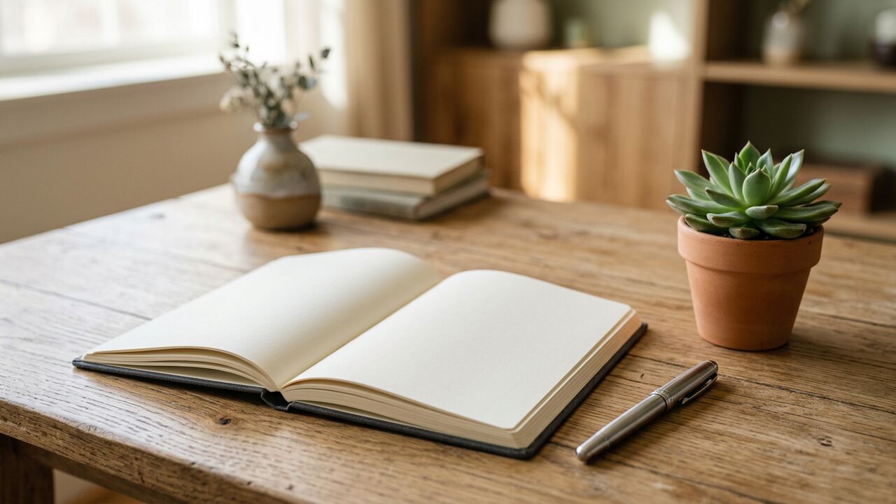 An open blank notebook and a small green plant on a wooden desk — calm, hopeful setting for a domestic-violence application helper
