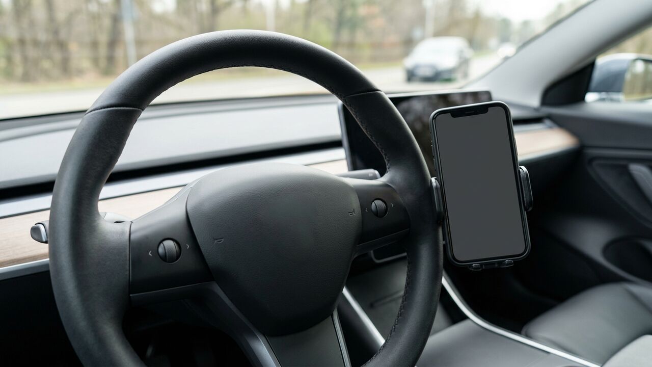Car steering wheel and dashboard with phone mount — symbolic of traffic e-challan lookup