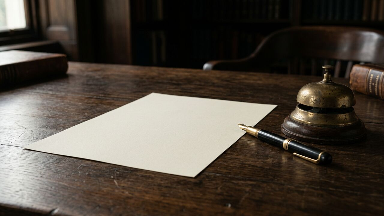 Blank paper with fountain pen and brass service bell on a wooden desk — symbolic of filing a police FIR
