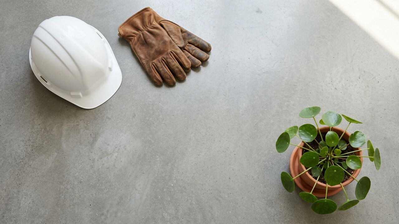 A worker's white hard hat, a brown leather work glove and a small potted money plant on a concrete grey floor — labour Samadhan pre-filler hero