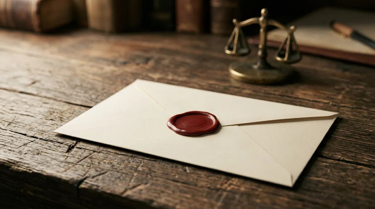 Legal notice — a wax-sealed envelope with a brass scales-of-justice paperweight on a wooden desk, evoking the formality of legal correspondence