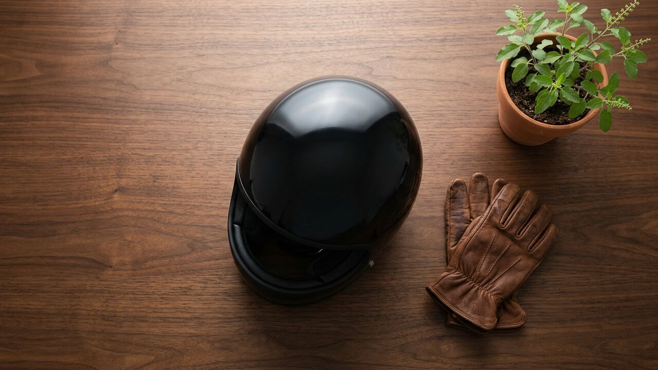 A smooth black motorcycle helmet, a folded leather glove and a small tulsi plant on a polished wooden desk — symbolic of motor accident claims tribunal pack