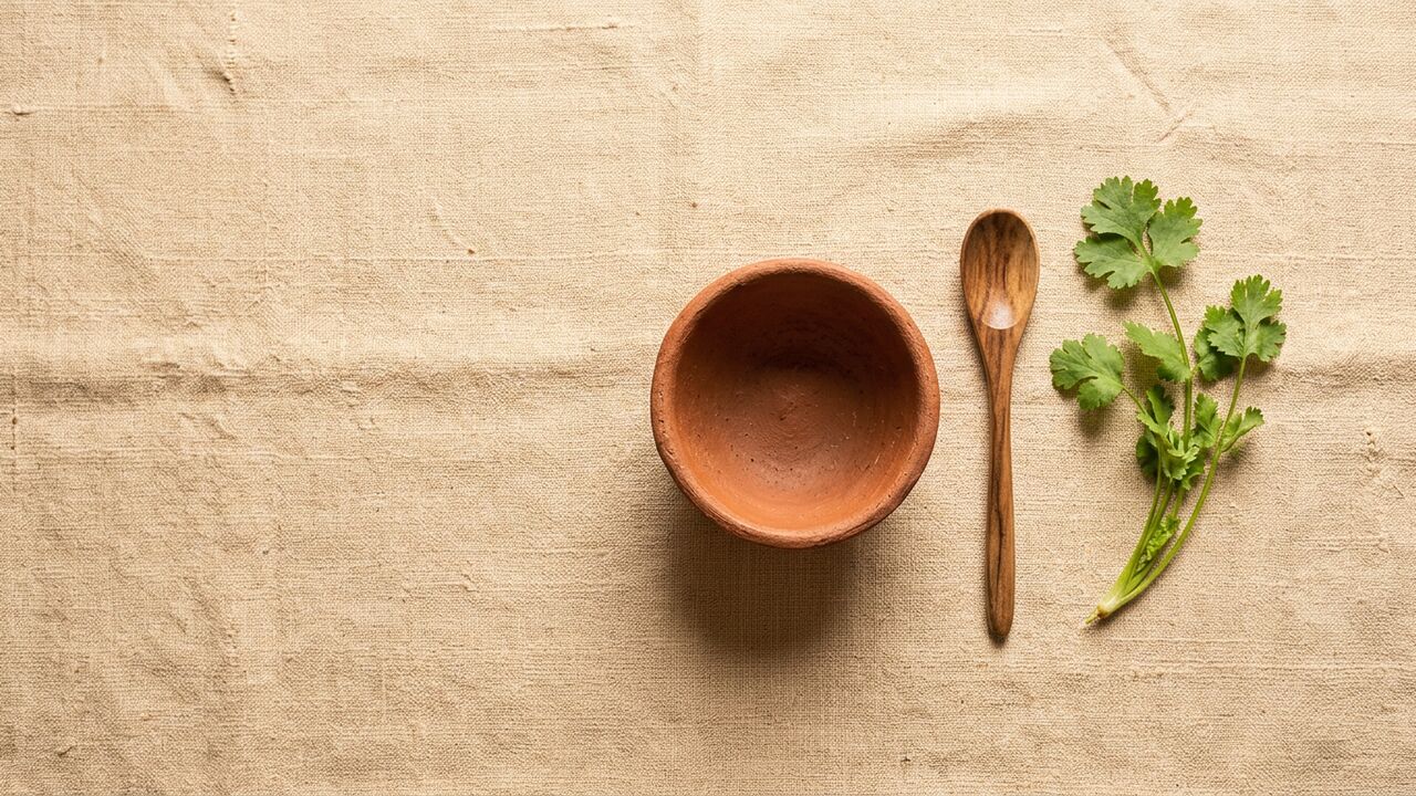 A small empty terracotta bowl, a thin wooden spoon and a sprig of coriander on a hand-loomed cotton mat — maintenance pack hero