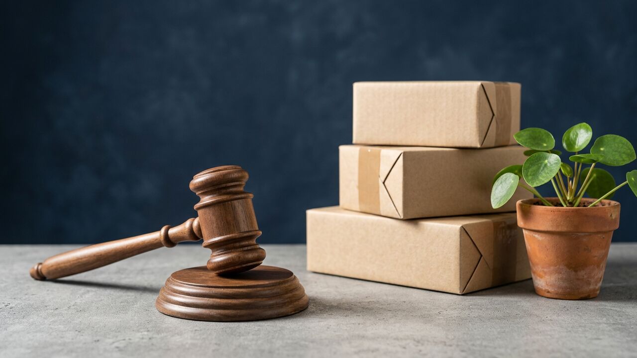 Wooden gavel beside plain kraft-paper parcels — consumer forum filing helper
