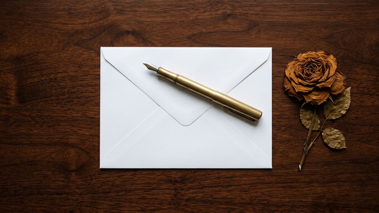 A blank white envelope, a brass fountain pen and a single dried rose on a dark mahogany desk — notice response pack hero