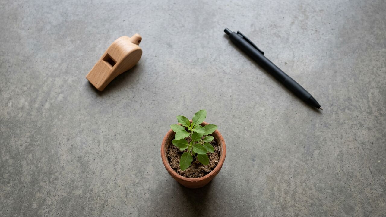 A wooden whistle, a closed black ballpoint pen and a small tulsi plant on a polished grey concrete surface — police encounter survival hero