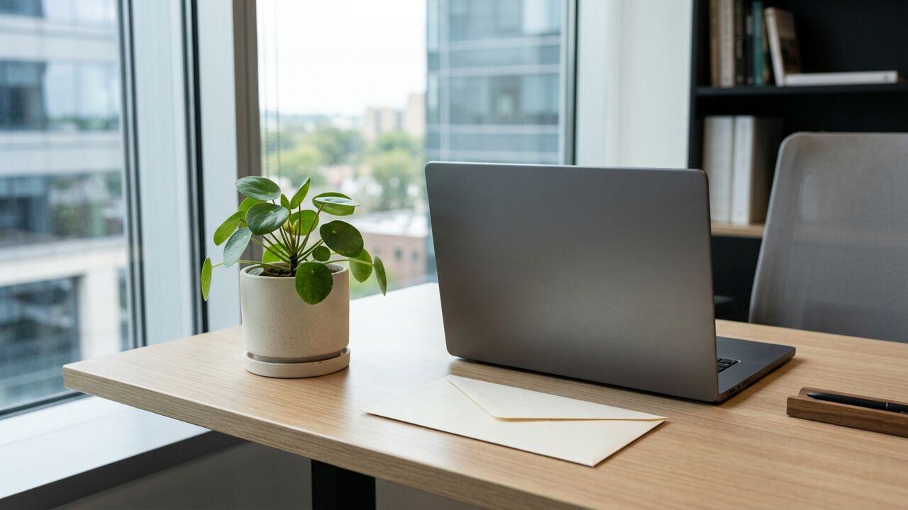 Modern office desk with laptop, plain envelope and small plant — symbolic of workplace POSH complaint
