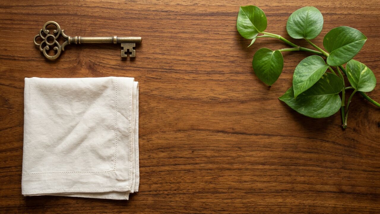 A small antique brass key, a folded cotton handkerchief and a sprig of money plant on a polished teakwood surface — property dispute triage hero