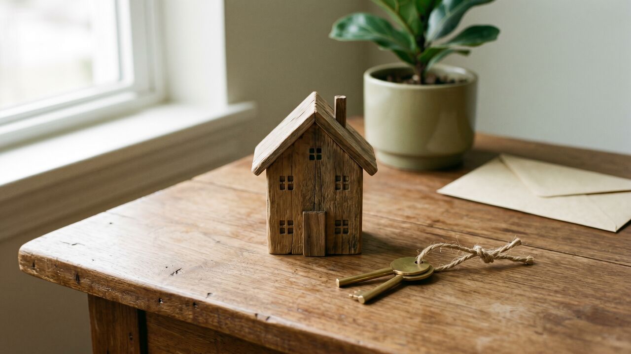 Wooden house model with plain brass keys on a warm desk — symbolic of rent agreement