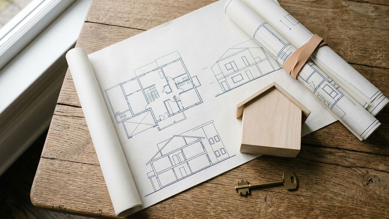 Architectural blueprints, wooden house model and a brass key — symbolic of RERA homebuyer rights