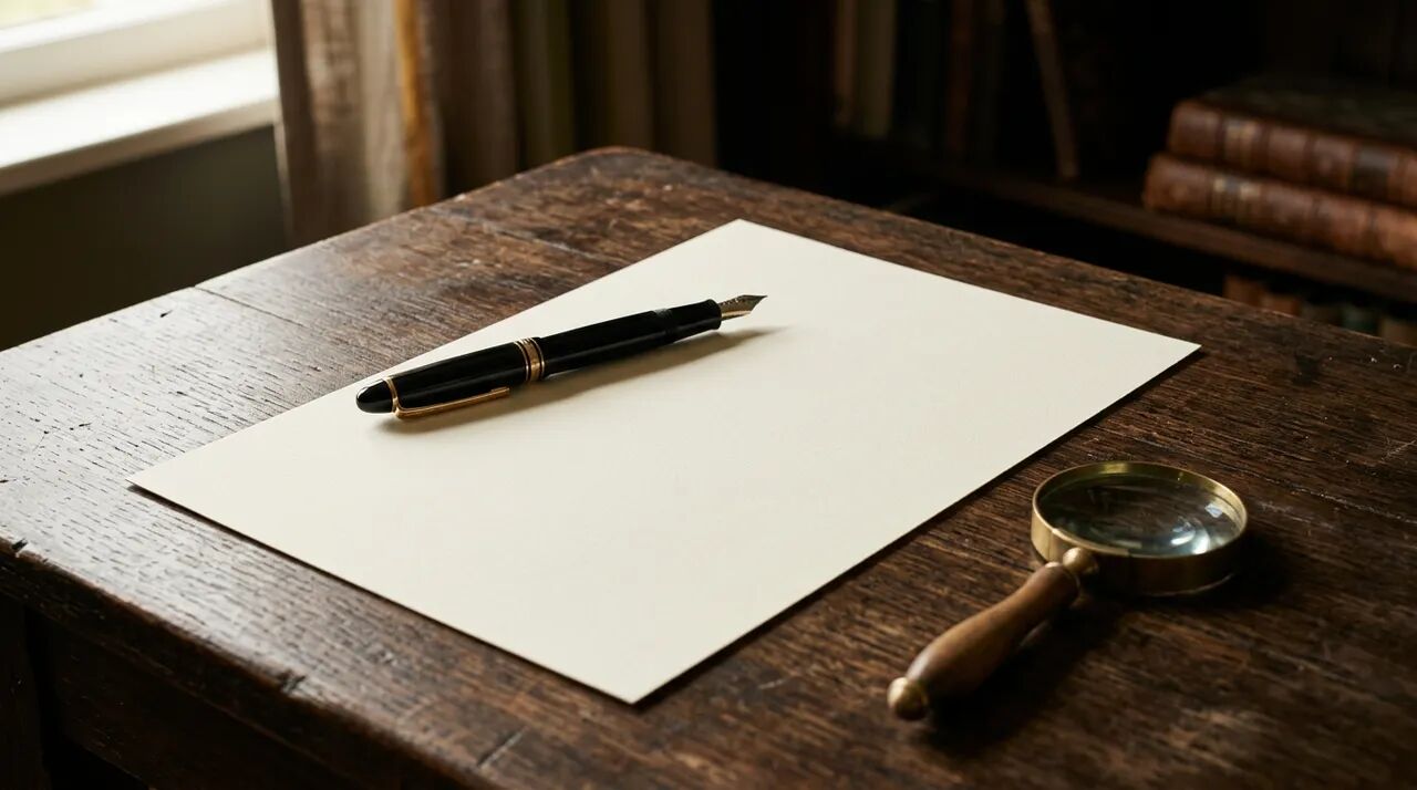 Right to Information — a blank document on a desk with a fountain pen and magnifying glass, evoking transparency and accountability