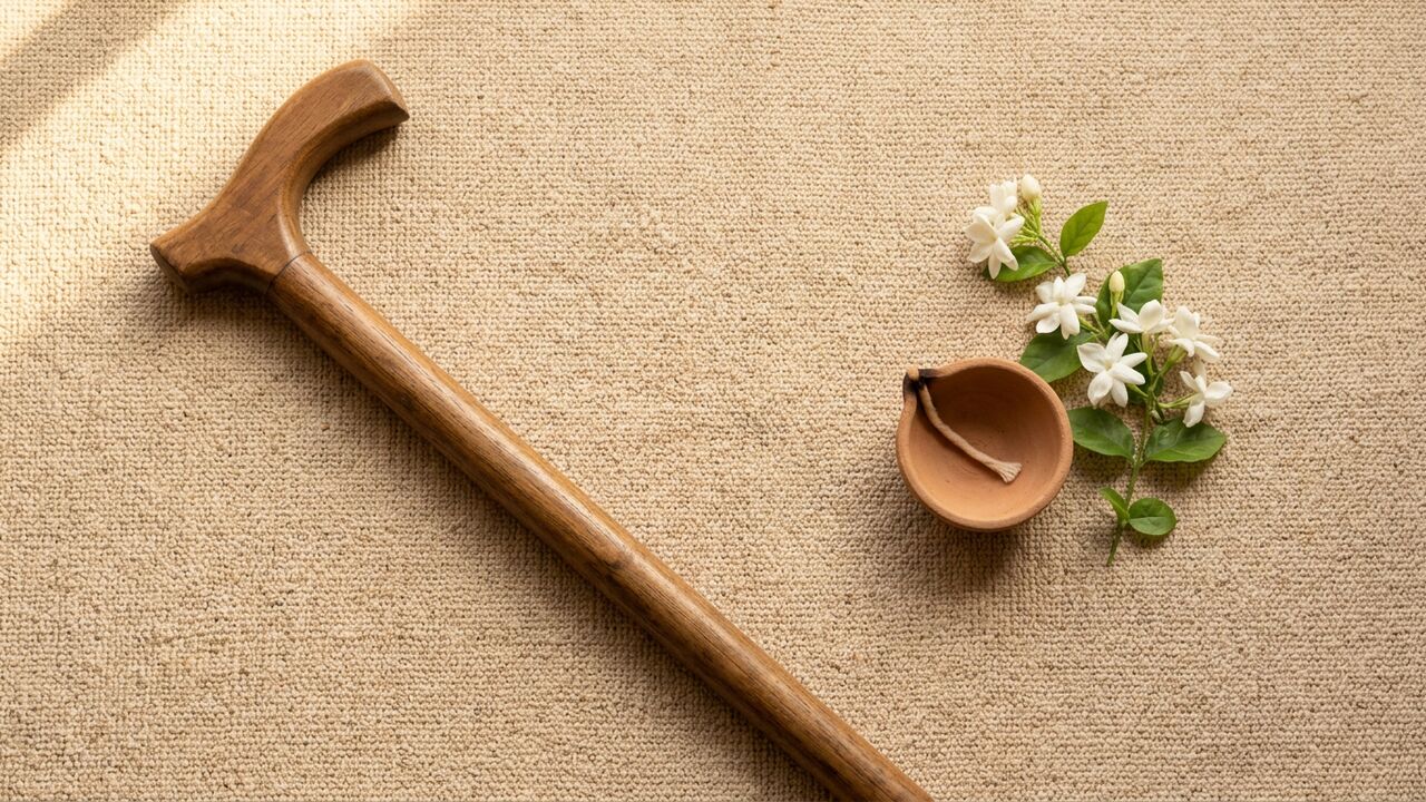 A wooden walking cane, an unlit clay diya and a sprig of jasmine on a hand-loomed beige cotton mat — senior citizen rights hero